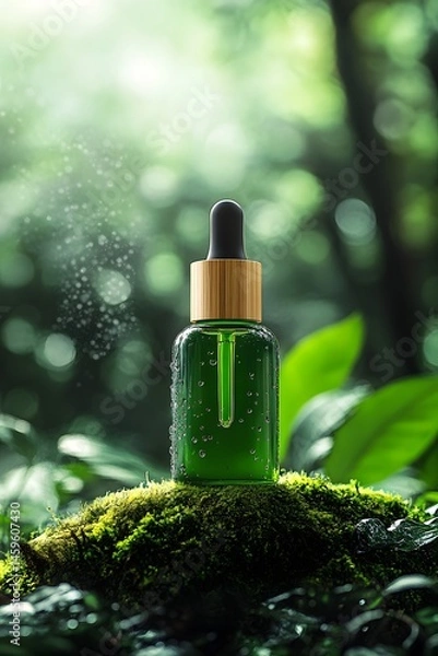 Fototapeta A bottle of green essence serum with bamboo cap is placed on the moss, surrounded by lush trees and water droplets in an environment with a forest atmosphere. The background features lush foliage