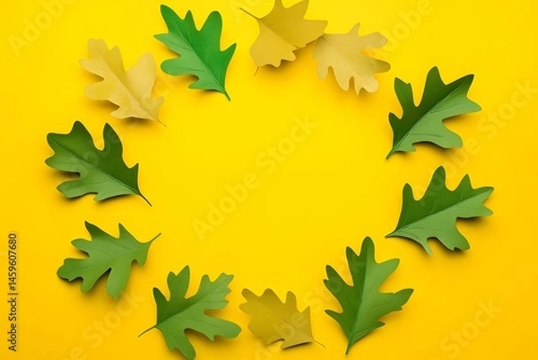 Obraz Small oak leaves on a yellow background, in a simple cut-paper style, in the shape of a circular frame, in a flat lay composition