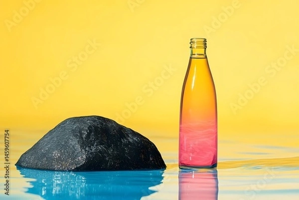 Fototapeta An elegant, minimalist bottle with pink and orange gradient colors, placed on the right side of the frame against a blue water surface. On one end is a large black rock in front of a yellow background