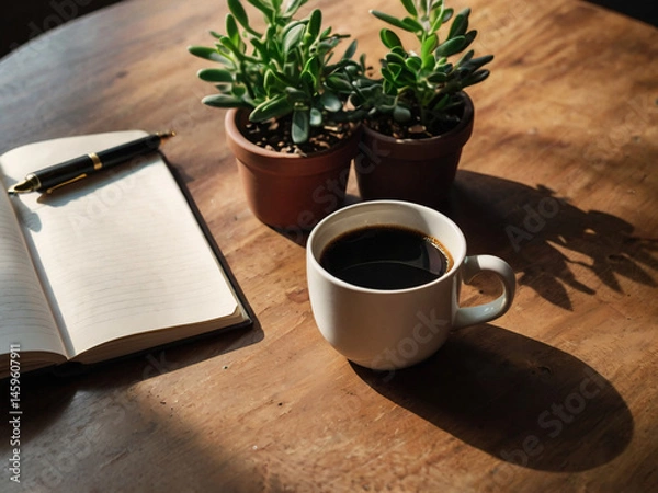 Obraz A cozy workspace with black coffee, notebook, and succulents on a wooden table, bathed in warm natural sunlight. Calm and inspiring setup.