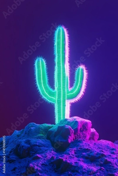 Fototapeta A green neon light sculpture of an abstract cactus on top of dark sand, illuminated by blue and purple lighting, minimalistic and simple. The background is dark purple and indigo