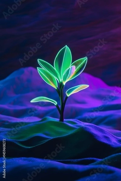 Fototapeta A green neon light sculpture of an alien plant on top of the dark sand, with a blue and purple background, in a minimalistic