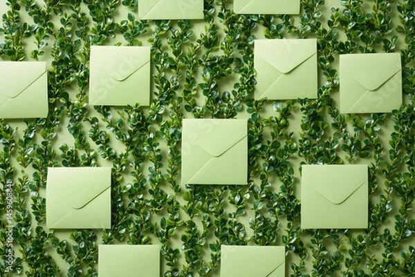 Fototapeta A pattern of green envelopes filled with small boxwood sprigs, arranged in an orderly fashion on a light lime background. The envelopes should have clean lines and be arranged