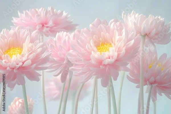 Fototapeta Pink chrysanthemums, with the petals being delicate and soft in color. The flowers have yellow stamens at their core, giving them an overall romantic appearance