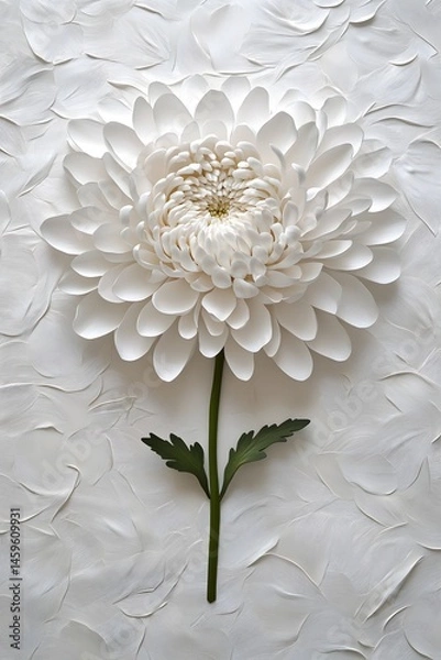 Fototapeta A single, white chrysanthemum with a green stem at the center of the picture, depicted in an artistic style that creates a textured background resembling fine flower petals