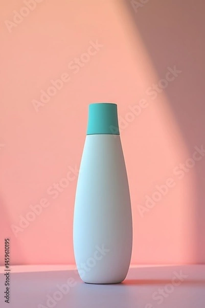 Fototapeta A white and turquoise plastic bottle with an elongated shape, standing upright on the ground against a pastel background