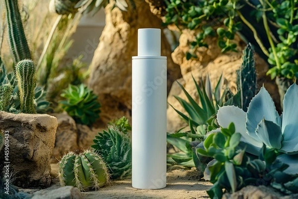 Fototapeta A white bottle of skin care product stands on the desert, surrounded by cacti and succulents, with soft lighting, a minimalist style, a close-up, product photography