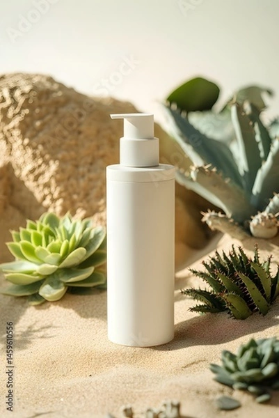 Fototapeta A white bottle of skin care product stands on the desert, surrounded by cacti and succulents, with soft lighting, a minimalist style, a close-up, product photography