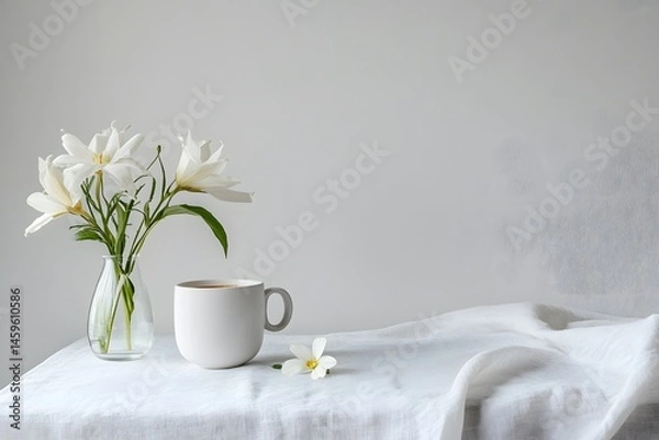 Fototapeta A white tablecloth with one coffee cup and a vase of flowers on it, against a plain gray background