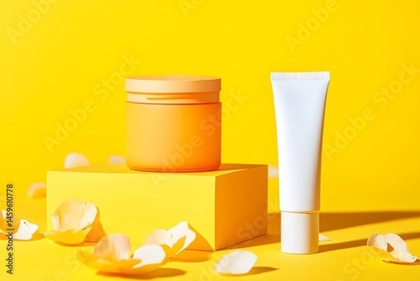 Fototapeta A yellow background with scattered petals, featuring two skincare products on the right side of the frame. The products are an orange jar containing cream and a white tube filled with body lotion