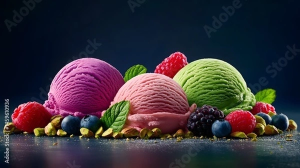 Fototapeta A colorful array of ice cream with various fruits and nuts, featuring pink scoops of strawberry or blueberry cream on one side, green-gold gelato in the center
