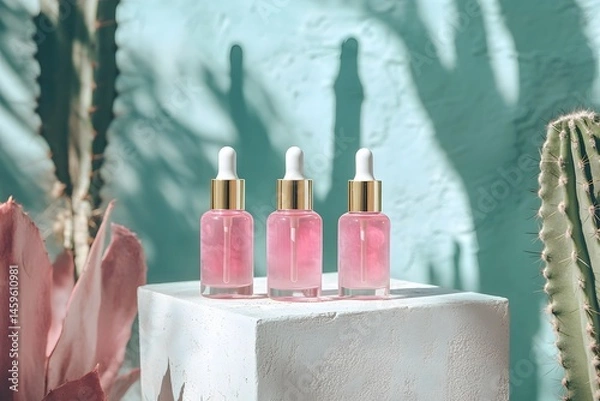 Fototapeta Cactus skin care products, three bottles of pink essence drops placed on simple white cement pedestals with cacti in the background, soft sunlight and shadow effects, product photography
