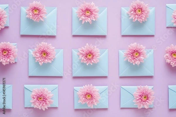 Fototapeta Flat lay pattern of blue envelopes with pink chrysanthemums inside, simple solid color background