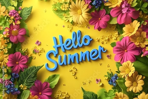 Fototapeta The word "Hello Summer" is written in white cursive letters on an orange background, surrounded by colorful flowers and green leaves
