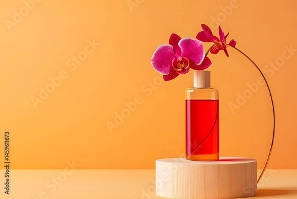 Fototapeta A bottle of red liquid on a wooden stand, with an orchid flower next to it and a swirling light orange background