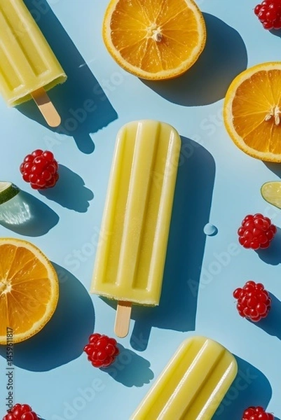 Fototapeta Popsicle photo of orange, lemon, and lime ice pops on a blue background with red berries