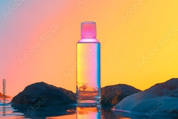 Fototapeta An elegant, minimalist bottle with pink and orange gradient colors, placed on the right side of the frame against a blue water surface. On one end is a large black rock in front of a yellow background