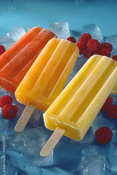Fototapeta Popsicle photo of orange, lemon, and lime ice pops on a blue background with red berries