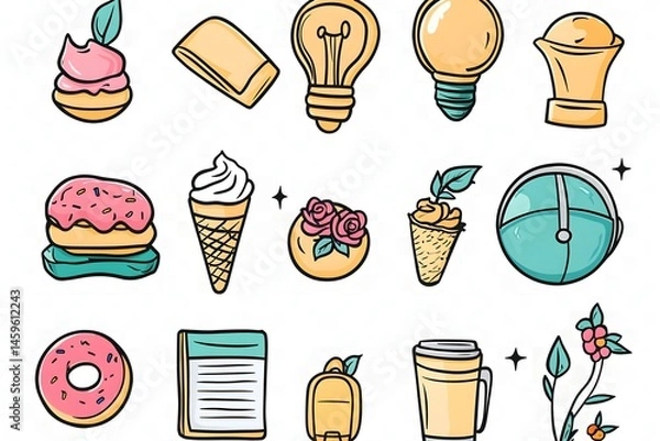 Fototapeta Icons, hand-drawn doodles in pastel colors on a transparent background, with a teacher theme. The icons feature an ice cream cone, a doughnut, a coffee cup with a ringing bell