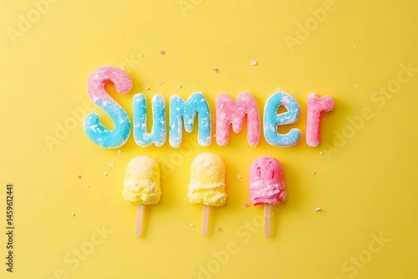 Fototapeta The word "Summer" is written in colorful ice cream letters on a yellow background, with pastel colors and a minimal concept