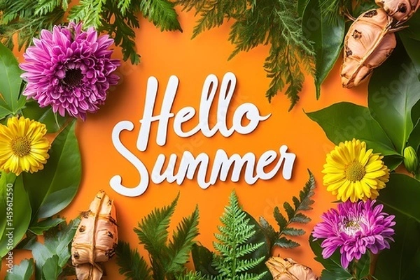 Fototapeta The word "Hello Summer" is written in white cursive letters on an orange background, surrounded by colorful flowers and green leaves