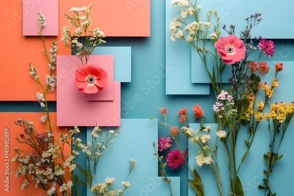 Fototapeta Vibrant blue, pink, and orange square paper pieces arranged on the left side of an isolated flat lay composition, with colorful cut flowers placed in between them