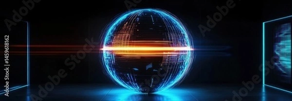 Fototapeta Modern Futuristic Basketball on Glossy Surface with Neon Wireframe Background, Perfect for mechanical in material