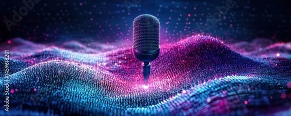 Fototapeta Podcast or interview room with two chairs and microphones on dark background,