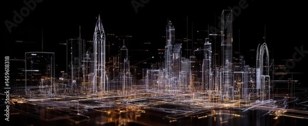 Fototapeta 3D Wireframe Architectural Cityscape Design Model with Blueprint Details and Project Management modern generic contemporary style tower city