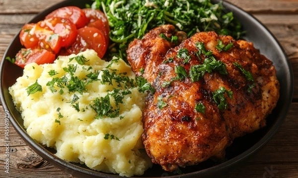 Obraz Crispy fried chicken served with creamy mashed potatoes, vibrant tomato salad, and fresh greens.  A delicious and hearty meal