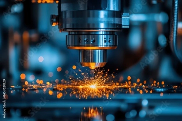 Fototapeta Laser cutting machine creating sparks in workshop