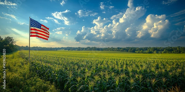 Fototapeta Midwest cornfield with American flag waving under a vibrant sky during daylight