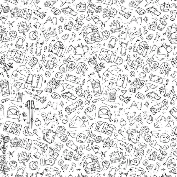 Fototapeta Vector white seamless doodle sketch pattern with objects for trekking and hiking. Suitable for textile, wallpaper and trekking brochures.
