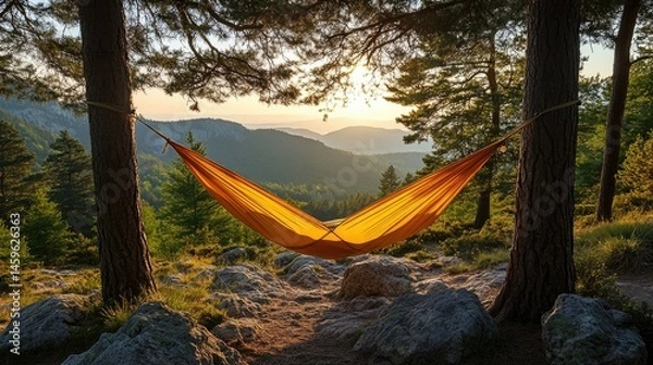 Fototapeta Camping hammock strung between alpine trees at golden hour, long shadows stretching across the valley below, sun-warmed rocks glowing amber