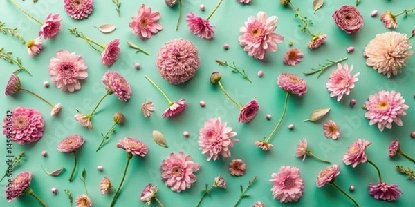 Obraz A delightful arrangement of pink blossoms and greenery on a mint background, showcasing a vibrant floral pattern