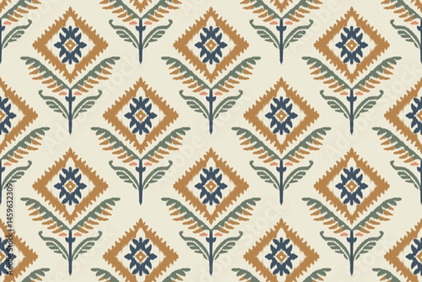 Obraz Colorful ikat pattern with diamond floral motif, seamless traditional ethnic textile design in green, blue, and orange tones, decorative boho fabric texture for home decor and fashion