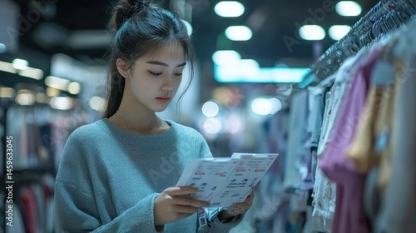 Obraz Young woman examines coupons in a clothing store.  A young woman, engrossed in examining coupons, browses racks of clothes in a store.  Soft lighting and blurred background highlight