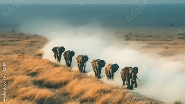 Obraz A herd of elephants trekking across a savanna, kicking up dust