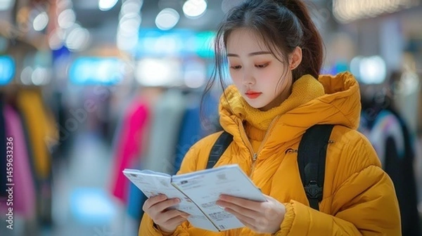 Obraz Young woman in yellow jacket, reading a book, inside a store
