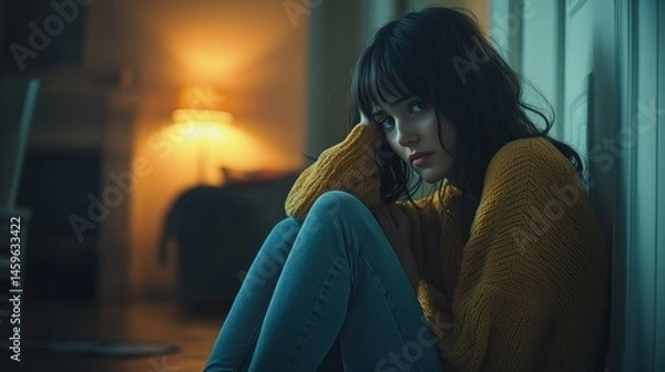 Obraz A young woman sits alone, head in hands, in a dimly lit room