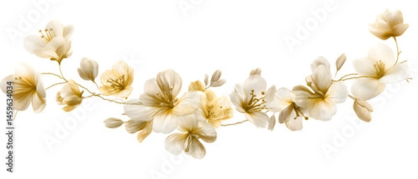 Fototapeta creamy beige and golden abstract floral ornament; row of beautiful flowers isolated over white (transparent) background; delicate decorative element perfect for birthday, wedding invitation, greetings
