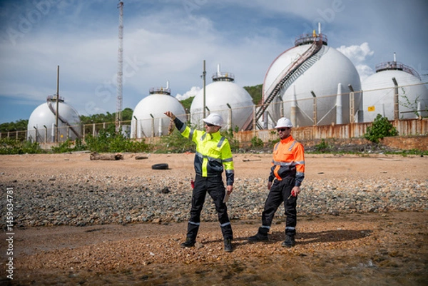 Obraz Environmental engineer or workers examining waste water along a  large industrial waste water or pollution monitoring and maintenance to ensure systems operate effective environmental regulations.