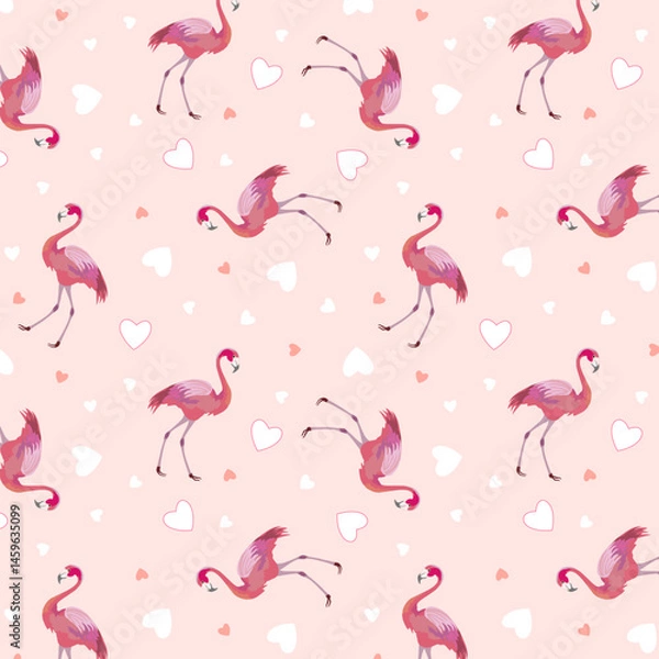 Fototapeta Pattern with flamingos and hearts.Vector seamless pattern with pink flamingos and hearts on a colored background.
