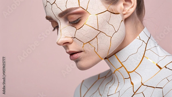 Fototapeta Cracked porcelain skin with golden repair lines on woman face and neck, symbolizing beauty and resilience with soft pink background. Artistic and delicate concept