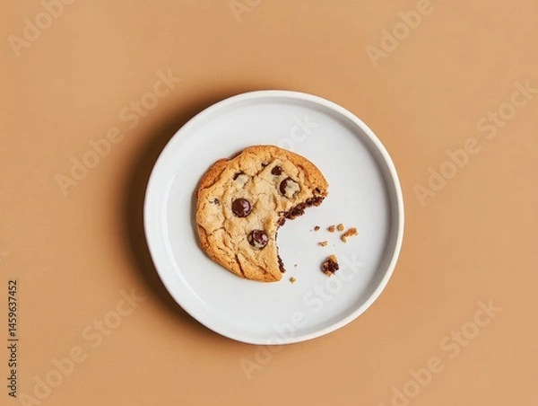 Fototapeta A single chocolate chip cookie with a bite taken out rests on a white plate against a warm brown background featuring a top-down shot and soft lighting.