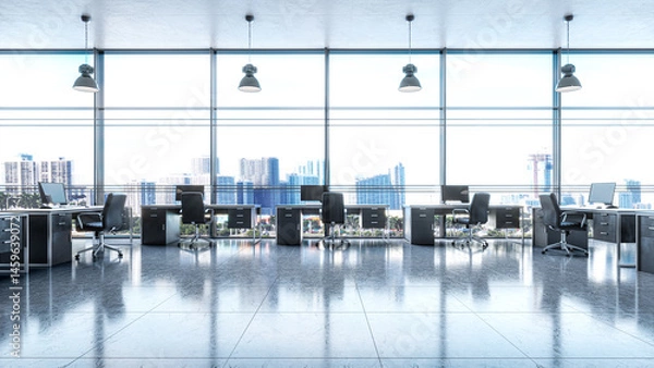 Fototapeta Open office with a view from a large window interior. 3d illustration
