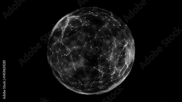 Obraz Abstract sphere with connecting dots and lines on black background. Big data visualization. Technology network background. 3D wireframe geometric sphere.