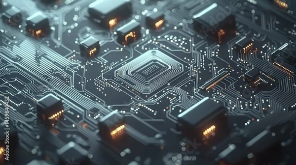 Obraz Close-up of a circuit board with central chip