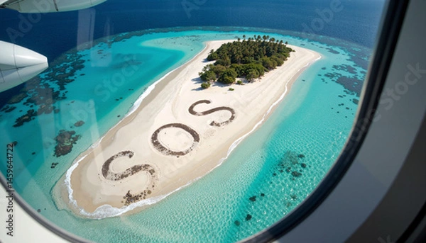 Fototapeta Aerial View from Plane Window of Tropical Island with SOS Message on Beach