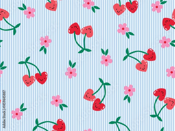 Fototapeta RED HEART CHERRY SEAMLESS PATTERN WITH PINK PERIWINKLE FLOWERS ON BLUE STRIPE BACK GROUND IDEAL FOR KIDS WEAR, SLEEPWEAR, PAJAMA, WALLPAPER, WRAPPING PAPPER IN VECTOR FILE